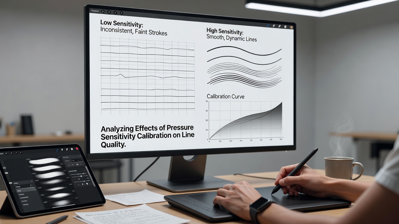 Close-up of digital artwork showing before-and-after comparison of line quality with calibrated versus uncalibrated pressure sensitivity
